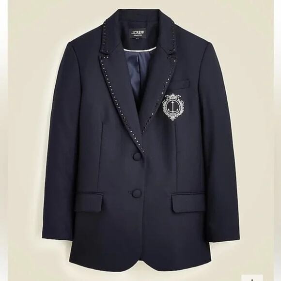 J. Crew Collection Relaxed Blazer Crest Embellishment In Wool-Blend Navy 12 NWT - Picture 2 of 13